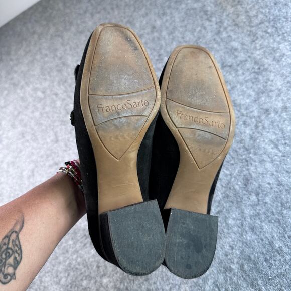 Franco Sarto Women's 8.5 Black Suede Tassels Studs Block Mid Heel Slip-on - Picture 4 of 6